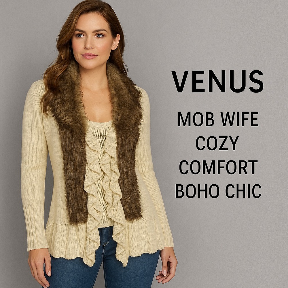 Venus‎ Women's Size M Faux Fur Trim Ruffle Open Cardigan Sweater Boho Glam Beige